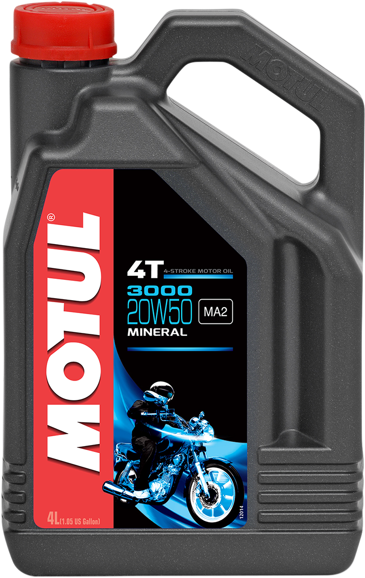 Motul 3000 4T mineral engine oil 20W-50 in a 1-gallon container, suitable for motorcycle engines, part #107319
