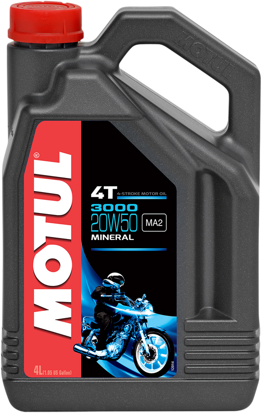 Motul 3000 4T mineral engine oil 20W-50 in a 1-gallon container, suitable for motorcycle engines, part #107319