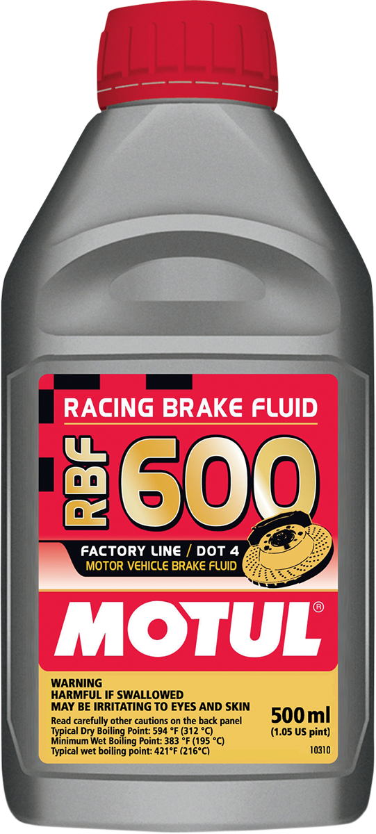 MOTUL RBF 600 racing brake fluid bottle, 16.9 fl oz, with label showing product details and MOTUL branding.