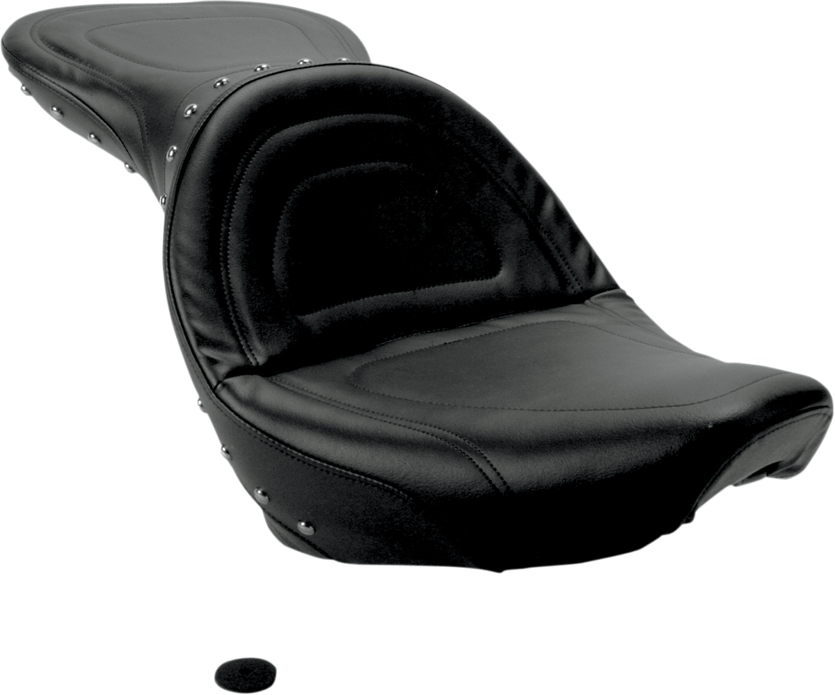 SADDLEMEN Explorer Special Studded Seat for Softail motorcycles, featuring black leather with studded design, by Bill's Exhausts.