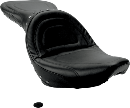 SADDLEMEN Explorer Special Studded Seat for Softail motorcycles, featuring black leather with studded design, by Bill's Exhausts.