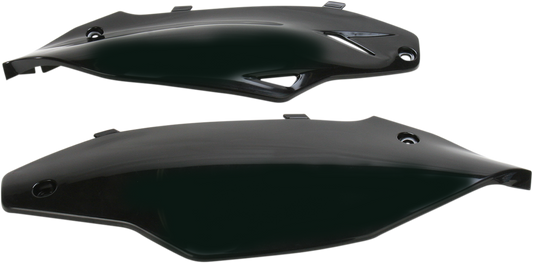 A set of black ACERBIS side panels for motorcycle body, designed for a custom fit, with a sleek matte finish.