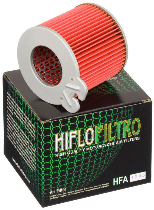 HIFLOFILTRO HFA1105 air filter for high-performance engines, showing the clean, pleated filter element in a close-up view.