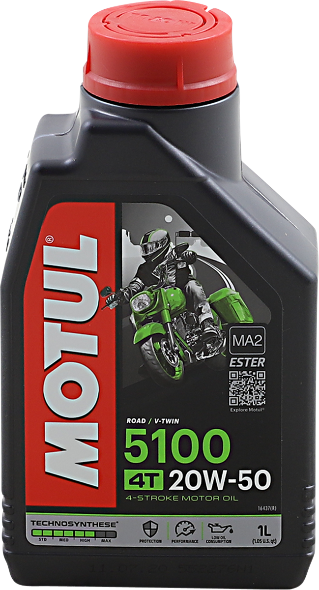 MOTUL 5100 4T Synthetic Blend Motor Oil 20W-50 in a 1-liter container, suitable for motorcycle engines.