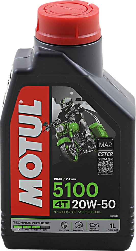 MOTUL 5100 4T Synthetic Blend Motor Oil 20W-50 in a 1-liter container, suitable for motorcycle engines.