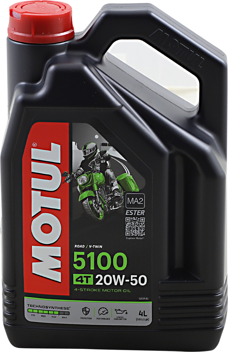 MOTUL 5100 4T synthetic blend motor oil 20W-50 in a 4-liter container, designed for motorcycle engines.