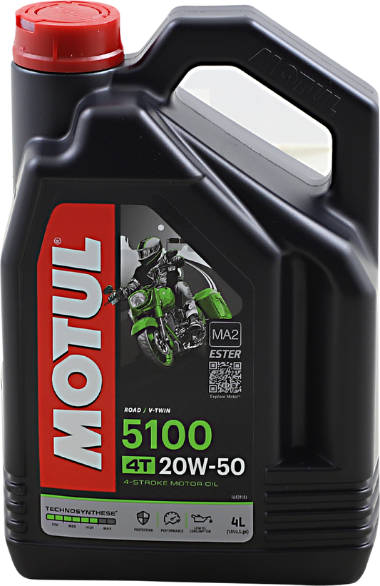 MOTUL 5100 4T synthetic blend motor oil 20W-50 in a 4-liter container, designed for motorcycle engines.