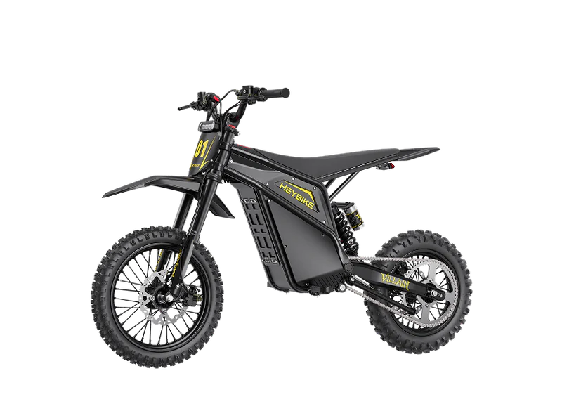Heybike Villain electric dirt bike, e-moto with mid-drive motor, 45 MPH top speed, and 50-mile range, shown outdoors on rugged terrain.