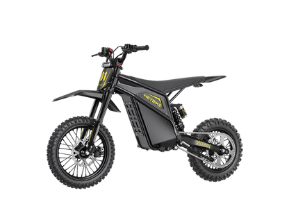 Heybike Villain electric dirt bike, e-moto with mid-drive motor, 45 MPH top speed, and 50-mile range, shown outdoors on rugged terrain.