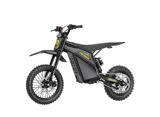 Heybike Villain electric dirt bike, e-moto with mid-drive motor, 45 MPH top speed, and 50-mile range, shown outdoors on rugged terrain.