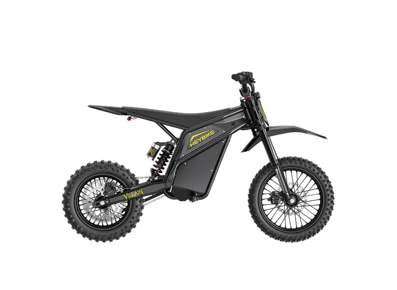 Heybike Villain electric dirt bike with mid-drive motor, sporty design, knobby tires, and handlebars for off-road riding.