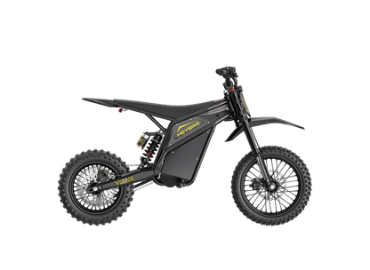 Heybike Villain electric dirt bike with mid-drive motor, sporty design, knobby tires, and handlebars for off-road riding.