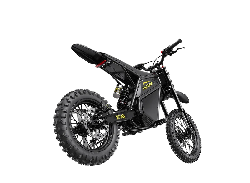 Heybike Villain electric dirt bike with mid-drive motor, 45 MPH speed, rugged design, and 50-mile range for off-road riding.
