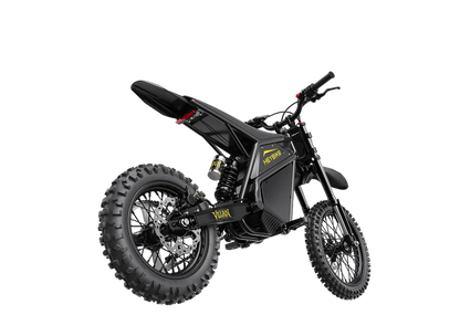 Heybike Villain electric dirt bike with mid-drive motor, 45 MPH speed, rugged design, and 50-mile range for off-road riding.