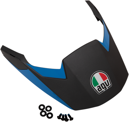 AGV AX9 matte black and cyan replacement peak, motorcycle helmet accessory, part number 21KIT76337006 N, in close-up view.