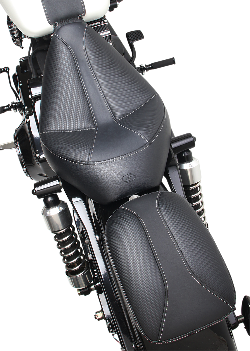SADDLEMEN Dominator Pad seat for motorcycle, black with textured surface, designed for comfort and durability, by Bill's Exhausts.