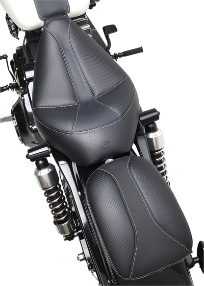 SADDLEMEN Dominator Pad seat for motorcycle, black with textured surface, designed for comfort and durability, by Bill's Exhausts.