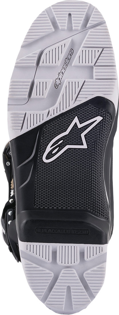 Alpinestars Tech 7 Enduro Drystar boots in black, gray, and gold with rugged design and ankle protection, US size 9.