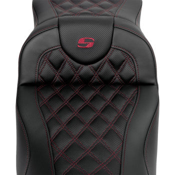Bill's Exhausts SADDLEMEN Roadsofa™ extended reach motorcycle seat with lattice and wine berry stitching, featuring a backrest.