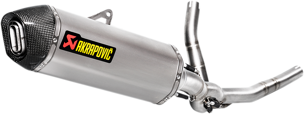 AKRAPOVIC Race Exhaust System in stainless steel and titanium, designed for enhanced vehicle performance and sporty sound.