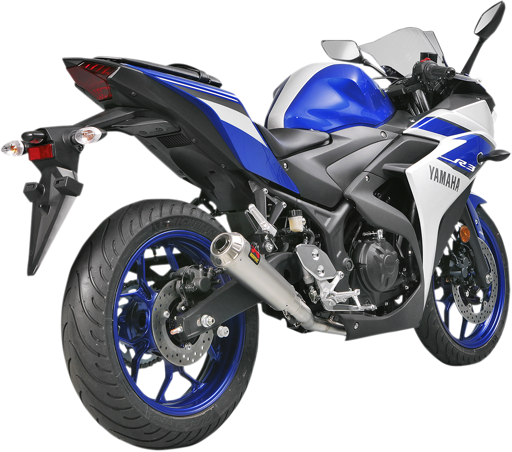 AKRAPOVIC stainless steel race exhaust system for Yamaha Y2R1 motorcycle, showing the sleek polished pipes and branding details.