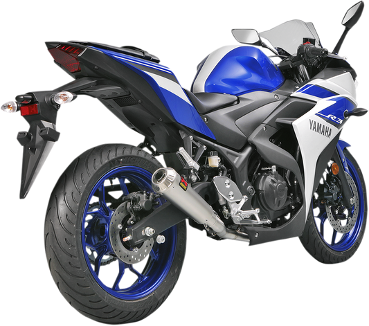 AKRAPOVIC stainless steel race exhaust system for Yamaha Y2R1 motorcycle, showing the sleek polished pipes and branding details.