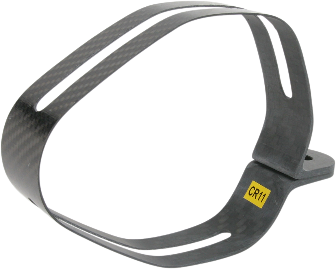 AKRAPOVIC CR11 muffler clamp for Akrapovic exhaust systems, shown in black metal with mounting hardware for secure fit.
