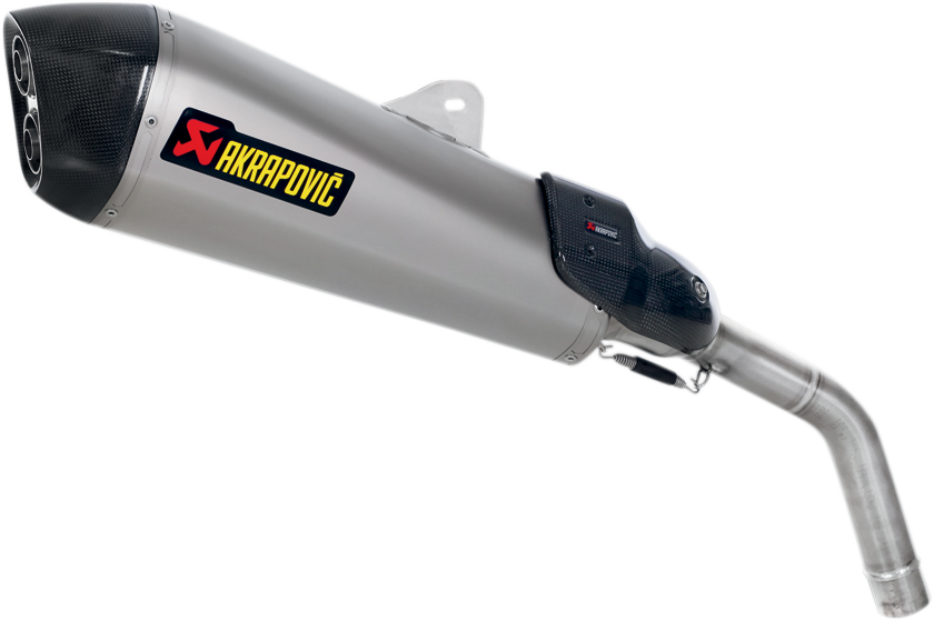 AKRAPOVIC titanium muffler for Tiger 800 motorcycle, showcasing sleek metal finish and exhaust design.
