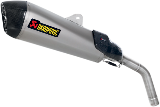 AKRAPOVIC titanium muffler for Tiger 800 motorcycle, showcasing sleek metal finish and exhaust design.