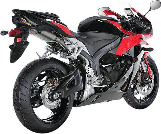 AKRAPOVIC titanium motorcycle muffler S-H6SO13-HACT with sleek silver finish and compact design for improved performance.