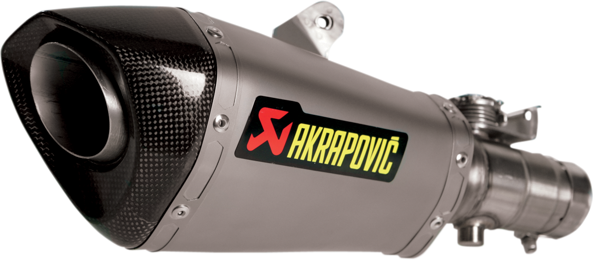 AKRAPOVIC titanium muffler for Yamaha YZF-R6 motorcycle, showcasing sleek, lightweight exhaust with branded logo and polished finish.