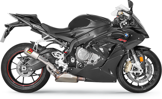 AKRAPOVIC titanium motorcycle muffler with sleek design and branding, part number S-B10SO8-CUBT, mounted on a motorcycle exhaust system.