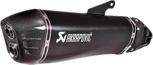 AKRAPOVIC black titanium muffler for Kawasaki Ninja H2 SX motorcycle, showing sleek exhaust design and branding details.