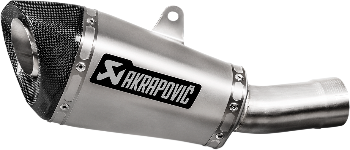 AKRAPOVIC titanium muffler for Honda CB1000R motorcycle, showing sleek, metallic exhaust component with branded logo.