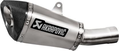 AKRAPOVIC titanium muffler for Honda CB1000R motorcycle, showing sleek, metallic exhaust component with branded logo.