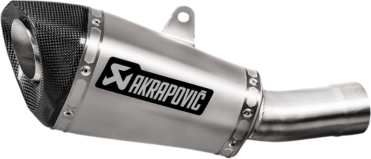 AKRAPOVIC titanium muffler for Honda CB1000R motorcycle, showing sleek, metallic exhaust component with branded logo.