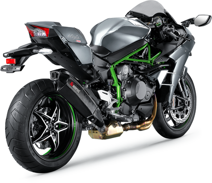 AKRAPOVIC carbon fiber muffler for Kawasaki Ninja H2 motorcycle, showcasing sleek black carbon fiber finish and exhaust outlet.