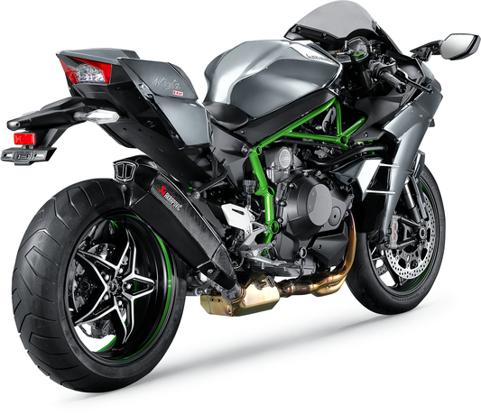 AKRAPOVIC carbon fiber muffler for Kawasaki Ninja H2 motorcycle, showcasing sleek black carbon fiber finish and exhaust outlet.