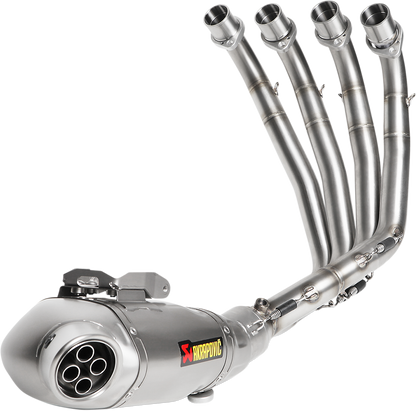 AKRAPOVIC Race Exhaust Titanium S-H6R12-HAFT for motorcycle performance, showing the sleek titanium exhaust pipe with branding details.