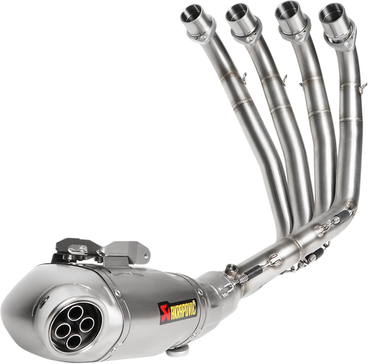 AKRAPOVIC Race Exhaust Titanium S-H6R12-HAFT for motorcycle performance, showing the sleek titanium exhaust pipe with branding details.