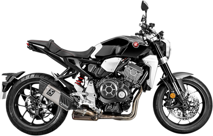 AKRAPOVIC titanium muffler for Honda CB1000R motorcycle, showing sleek, lightweight exhaust with polished titanium finish.