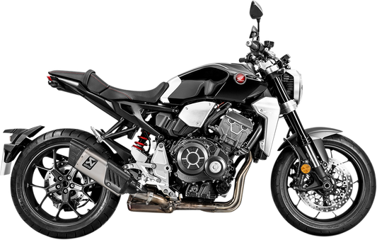 AKRAPOVIC titanium muffler for Honda CB1000R motorcycle, showing sleek, lightweight exhaust with polished titanium finish.
