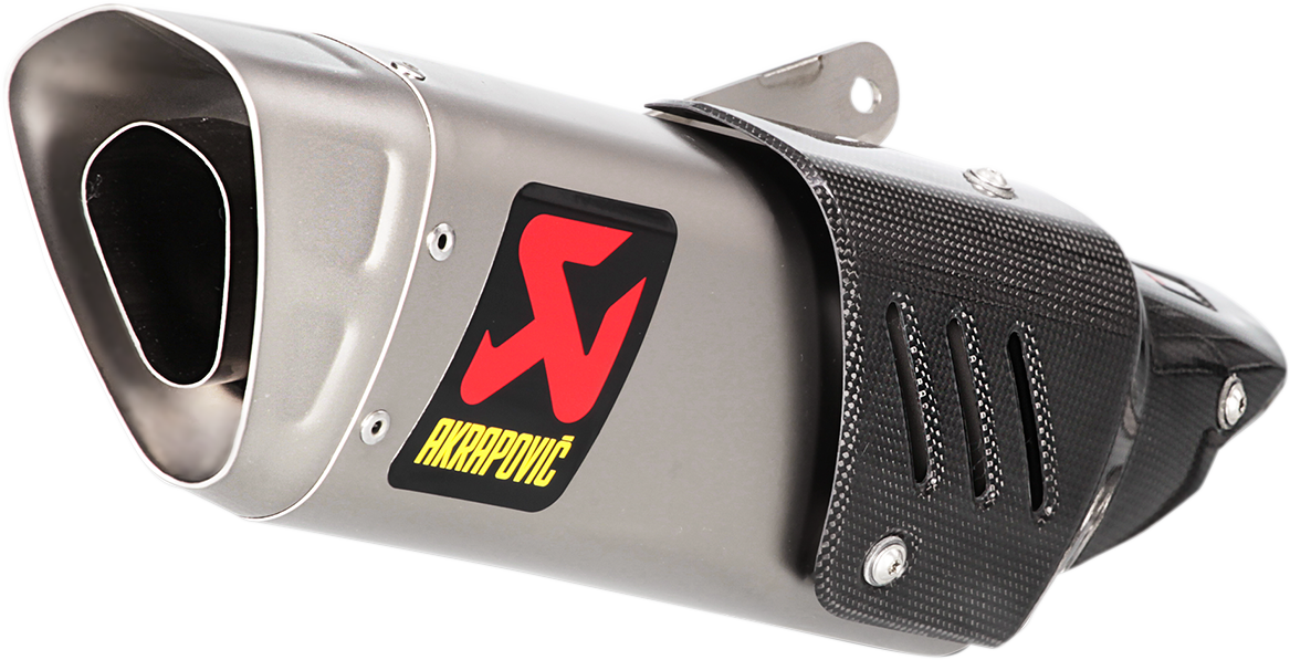 AKRAPOVIC titanium motorcycle muffler S-Y10SO15-HAPT, showcasing sleek silver exhaust with branding details.