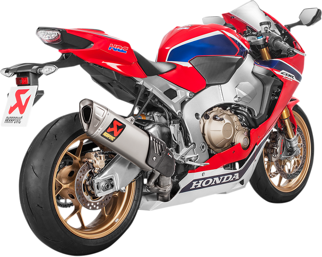 AKRAPOVIC titanium muffler for Honda CBR1000RR motorcycle, showcasing sleek metallic finish and branding details.