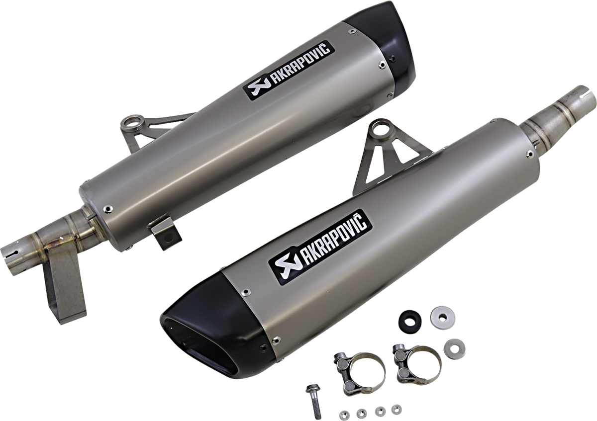AKRAPOVIC titanium mufflers S-T12SO4-HCQT for motorcycles, showcasing sleek titanium tips and exhaust design for enhanced performance.