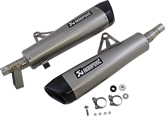 AKRAPOVIC titanium mufflers S-T12SO4-HCQT for motorcycles, showcasing sleek titanium tips and exhaust design for enhanced performance.