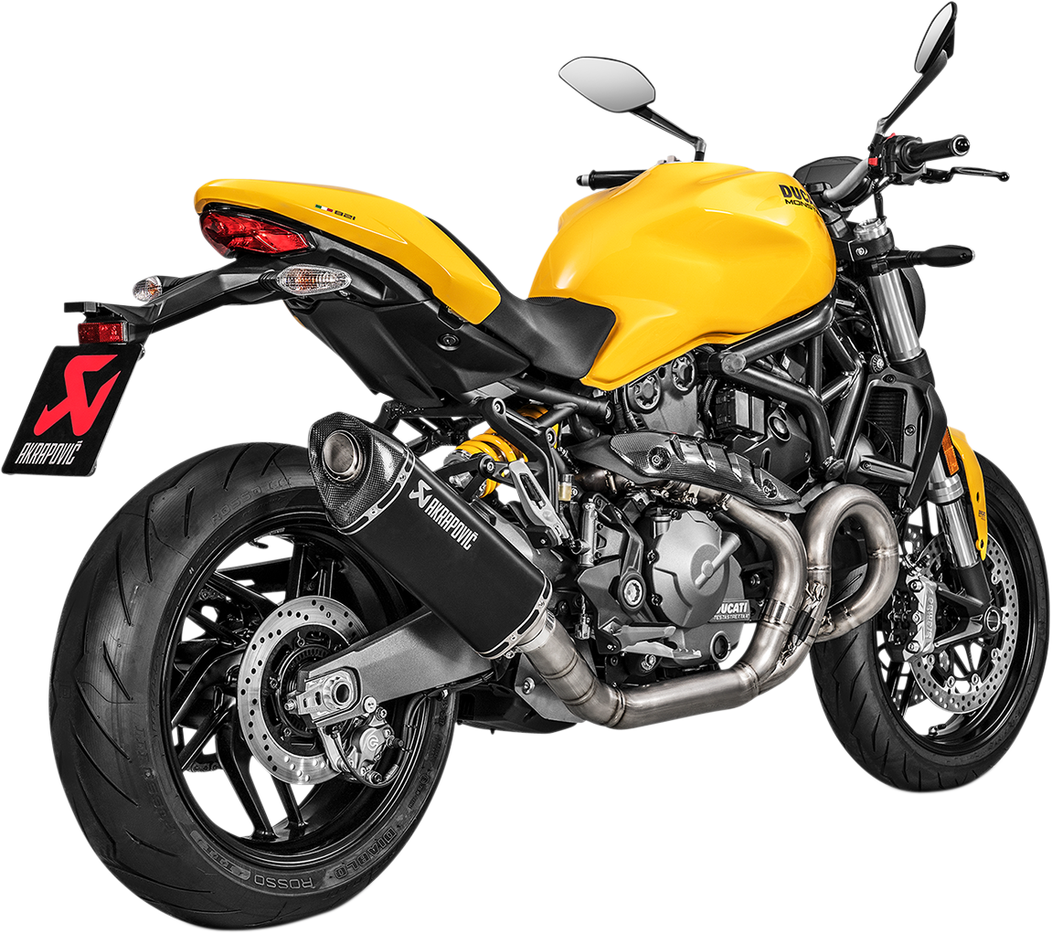 AKRAPOVIC titanium muffler S-D12SO8-RTBL for Ducati Monster 1200 motorcycle, showcasing the sleek, lightweight exhaust design.