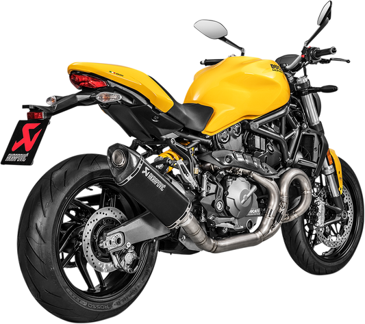 AKRAPOVIC titanium muffler S-D12SO8-RTBL for Ducati Monster 1200 motorcycle, showcasing the sleek, lightweight exhaust design.
