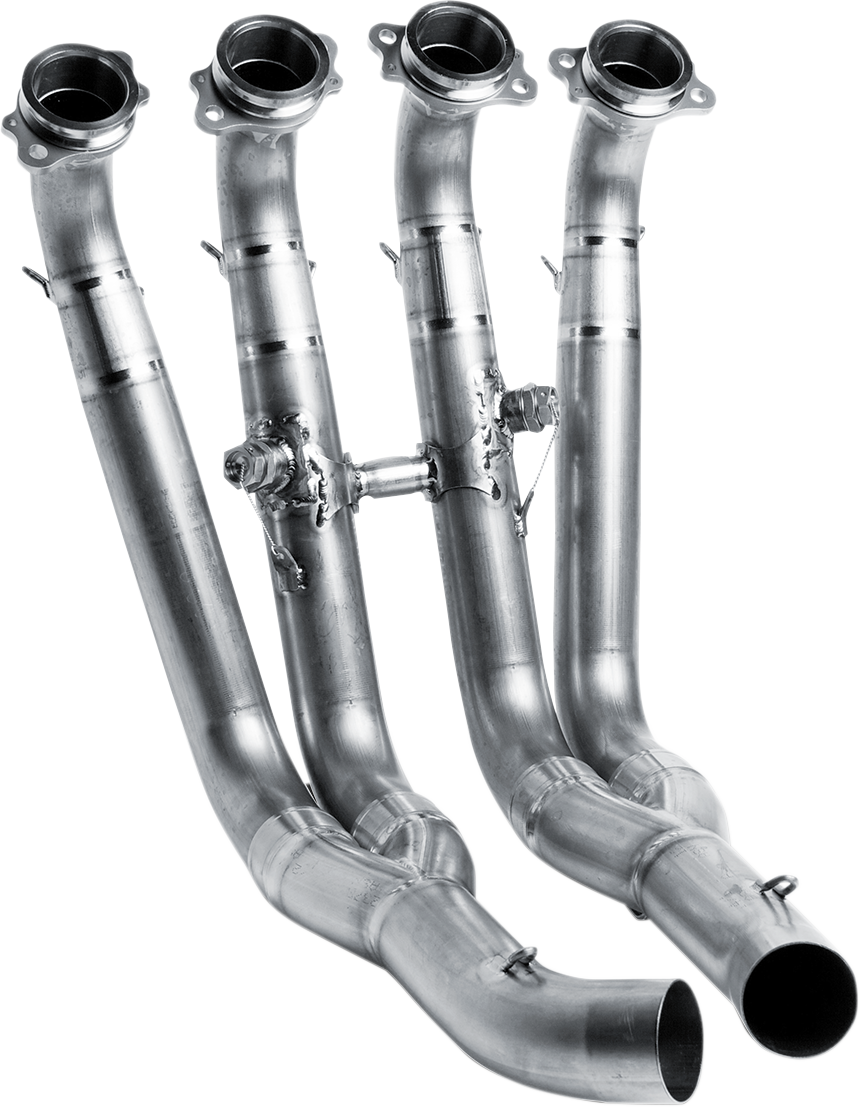 Akrapovic E-B10R1 stainless steel header for motorcycles, showcasing polished metal pipes and connection points for enhanced performance.