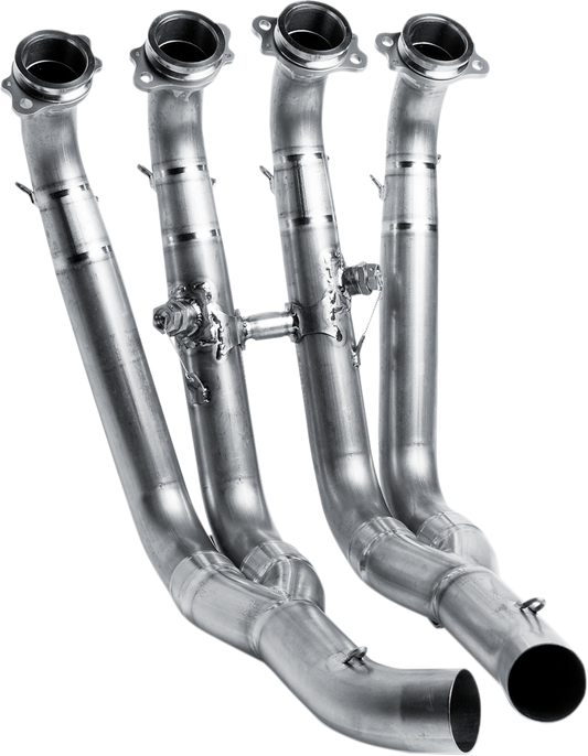 Akrapovic E-B10R1 stainless steel header for motorcycles, showcasing polished metal pipes and connection points for enhanced performance.